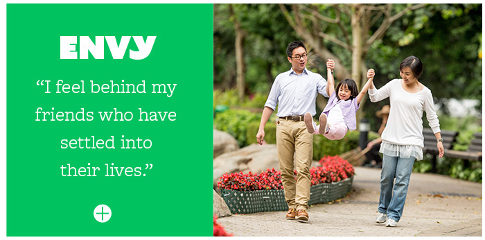 Envy: I feel behind my friends who have settled into their lives.