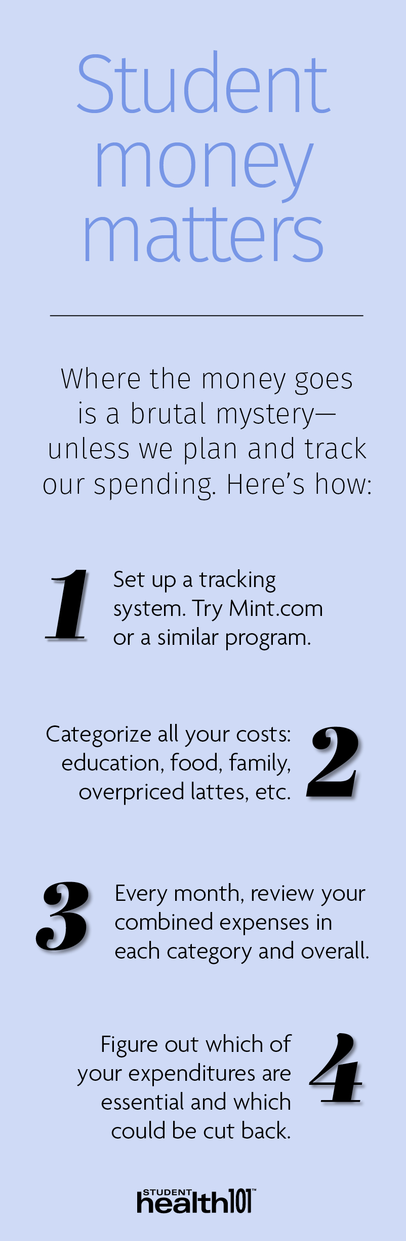 How to track spending: 1. Try mint.com or similar program. 2. Categorize all your costs. 3. Every month, review your overall expenses in each category. 4. Figure out what expenditures are essential and which could be cut back.